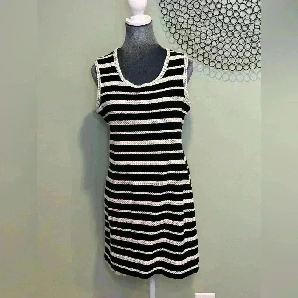 Max Studio Sleeveless Knit Striped Mini Dress Black Cream Nautical Size L - Picture 2 of 4